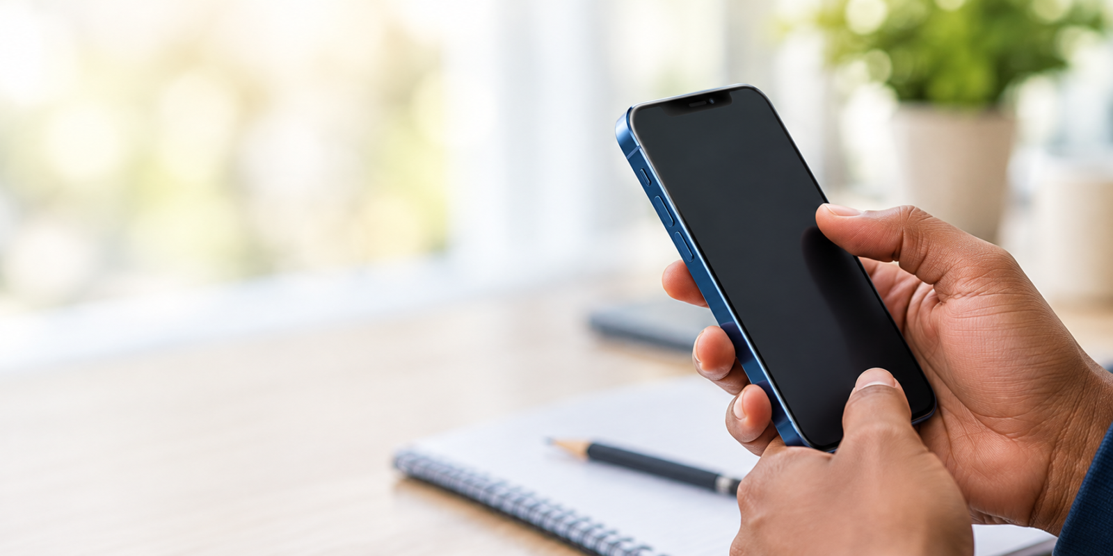 Hands Holding Blue-Edged Smartphone