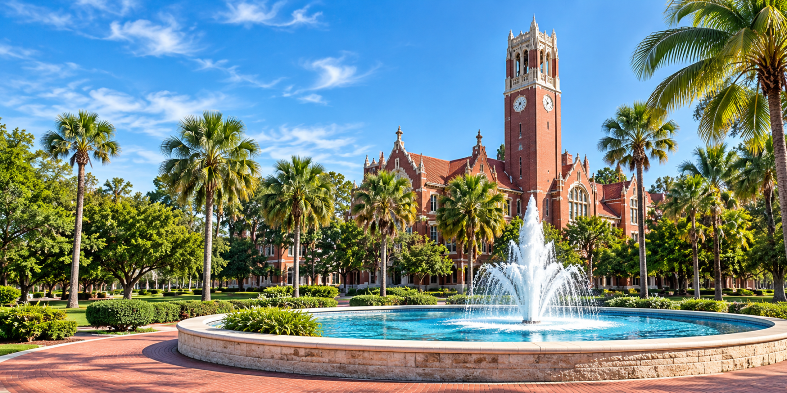 Sunny Gothic Campus Fountain and Clock Tower